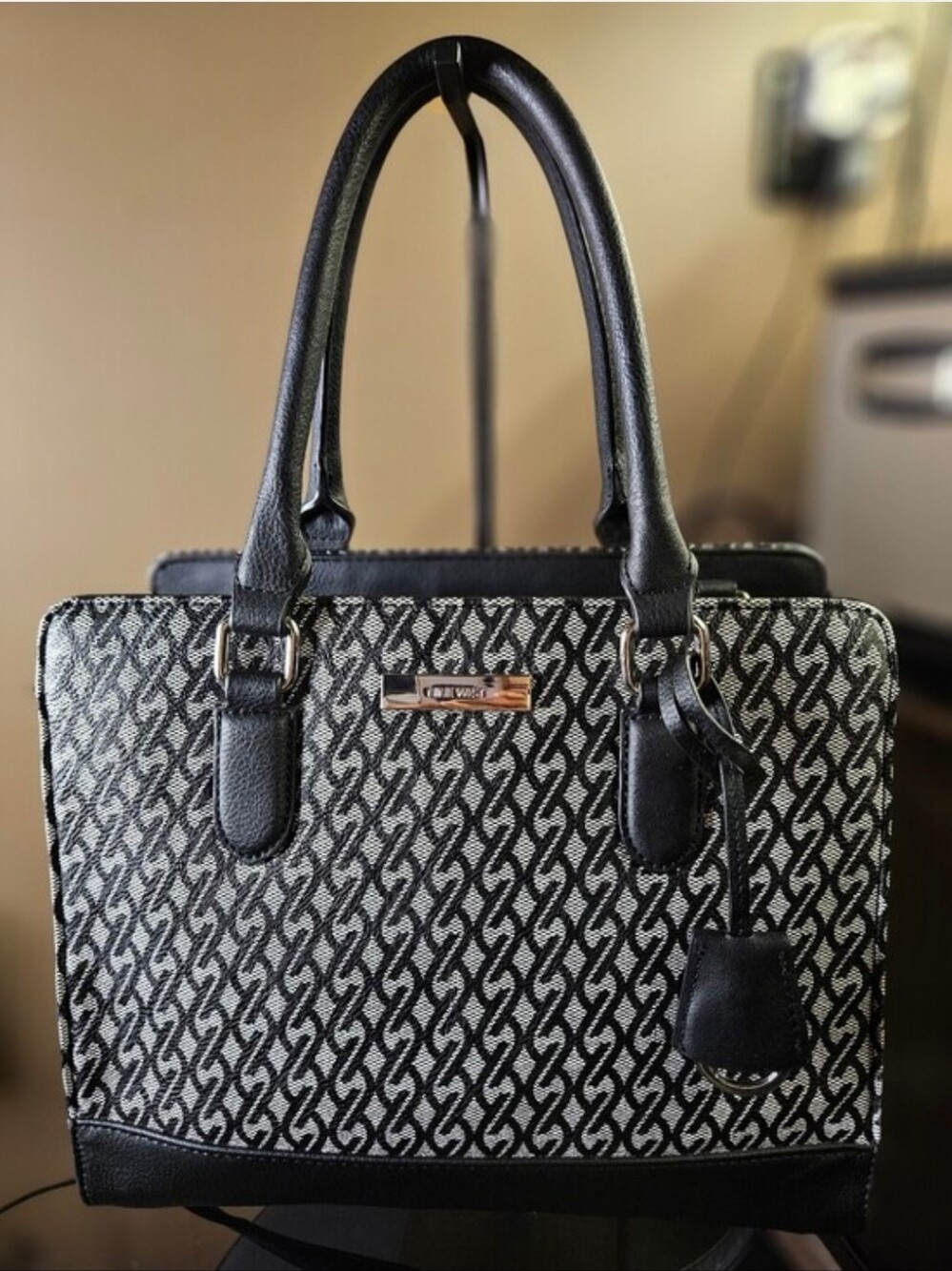 Nine West Black and White Patterned Triple Compartment Carryall Satchel